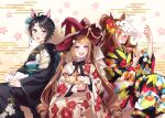  3girls absurdres ahoge alternate_costume animal animal_ears bangs black_bow black_hair black_kimono blush bow brown_hair chinese_zodiac diffraction_spikes egasumi feet_out_of_frame floral_print flower fuji_kiseki_(umamusume) glint green_eyes hair_flower hair_ornament hair_over_one_eye hands_up hat highres holding holding_animal horse_ears japanese_clothes jungle_pocket_(racehorse) kimono long_hair long_sleeves looking_at_another multicolored_hair multiple_girls nayuta_ggg obi open_mouth personification ponytail purple_eyes rabbit sash seigaiha short_hair sitting smile streaked_hair sweatdrop sweep_tosho_(umamusume) twintails umamusume v-shaped_eyebrows very_long_hair wide_sleeves witch_hat year_of_the_rabbit 