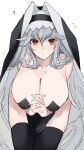  1girl ? absurdres alternate_costume arknights black_leotard black_thighhighs black_veil blush breasts chunta cleavage commentary feet_out_of_frame from_above grey_hair hair_between_eyes hair_flaps highres large_breasts leotard long_hair looking_at_viewer own_hands_clasped own_hands_together parted_lips pelvic_curtain red_eyes sidelocks simple_background sitting solo specter_(arknights) strapless strapless_leotard sweat thighhighs thighs veil very_long_hair white_background 