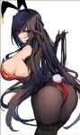  1girl animal_ears arched_back azur_lane black_hair black_thighhighs breasts fishnet_pantyhose fishnets from_behind holding holding_hair large_breasts leaning_over licking_lips long_hair looking_at_viewer nakatama_kyou pantyhose playboy_bunny rabbit_ears rabbit_tail red_eyes see-through see-through_legwear shaded_face sideboob simple_background solo taihou_(azur_lane) tail thighhighs tongue tongue_out unfinished very_long_hair white_background 