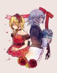 1boy 1girl animal_ears back-to-back back_bow bare_shoulders black_choker blonde_hair bouquet bow breasts choker closed_eyes collarbone dress flower formal grey_background grey_hair hair_between_eyes hair_flower hair_ornament hair_over_shoulder holding holding_bouquet kingdom_hearts kingdom_hearts_ii long_sleeves medium_hair mim_(mimya0600) namine off-shoulder_dress off_shoulder pinstripe_pattern pinstripe_suit red_bow red_dress red_flower red_rose riku_replica rose short_sleeves signature striped suit wrist_cuffs 