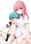  1boy 1girl :o age_difference between_breasts black_hood black_male_underwear blue_eyes blue_hair bow bow_panties breast_smother breasts collarbone collared_shirt face_to_breasts hair_between_eyes hand_on_another&#039;s_cheek hand_on_another&#039;s_face hand_on_own_knee hand_on_own_thigh head_between_breasts heterochromia highres jacket knees_up large_breasts long_hair looking_at_viewer male_underwear navel nei_akutsu no_pants on_bed onee-shota open_clothes open_jacket open_mouth original os_(os_fresa) panties pink_hair pointy_ears purple_eyes red_eyes shirt short_hair sitting souta_kandori underwear white_background white_panties white_shirt yokozuwari 