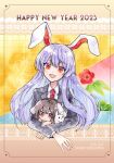  1other 2girls 2zuz4hru animal_ears black_hair commentary_request happy_new_year highres inaba_tewi long_hair looking_at_viewer multiple_girls new_year painting_(medium) rabbit rabbit_ears rabbit_girl red_eyes reisen_udongein_inaba short_hair smile touhou traditional_media watercolor_(medium) 