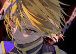  1boy bangs blonde_hair blurry blurry_background chain closed_mouth crystal_earrings earrings expressionless hair_between_eyes highres hunter_x_hunter jewelry kurapika looking_to_the_side male_focus nemuke2828 shirt short_hair solo tabard white_shirt 