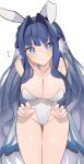  1girl absurdres alternate_costume animal_ears arknights astesia_(arknights) blue_eyes blue_hair blush breasts chunta cleavage closed_mouth commentary commission cowboy_shot diamond-shaped_pupils diamond_(shape) fake_animal_ears groin hair_intakes hand_under_clothes highleg highleg_leotard highres large_breasts leaning_forward leotard leotard_tug long_hair looking_at_viewer playboy_bunny rabbit_ears sidelocks simple_background skeb_commission smile solo standing strapless strapless_leotard sweatdrop symbol-shaped_pupils thigh_gap thighs very_long_hair white_background white_leotard 