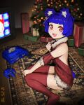  :d absurdres animal_ears backless_outfit bangs bare_shoulders bear_ears bear_girl bear_tail blue_hair blue_tail blunt_bangs blunt_ends blurry blurry_background carpet christmas christmas_ornaments christmas_tree commentary crt curled_fingers detached_sleeves english_commentary fang film_grain floor from_side full_body fur-trimmed_sleeves fur-trimmed_sweater fur_trim game_console gift gris_(vertigris) half_updo hand_on_own_chest hand_on_own_knee hand_up highres indoors looking_at_viewer looking_to_the_side making-of_available meme_attire multicolored_background nintendo_64 nintendo_64_controller open_mouth original photo_date_watermark red_eyes red_sleeves red_sweater red_thighhighs ribbed_legwear shiny shiny_skin short_hair short_sleeves sitting smile sweater tail tareme thighhighs timestamp tongue vertigris virgin_killer_sweater wall wooden_floor zettai_ryouiki 
