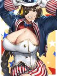  1girl absurdres american_flag american_flag_print arms_up bangs blue_bow blue_bowtie blue_jacket bow bowtie braid breasts brown_eyes brown_hair cleavage cowboy_shot english_commentary eyepatch flag_print fourth_of_july girls&#039;_frontline gloves grin hat highres huge_breasts jacket long_hair long_sleeves looking_at_viewer m16a1_(girls&#039;_frontline) mole mole_under_eye multicolored_hair novum open_clothes open_jacket scar scar_on_face shorts smile solo star_(symbol) streaked_hair striped united_states 