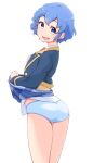  1girl ass blue_eyes blue_hair blue_panties dorothy_west lifted_by_self long_sleeves looking_at_viewer panties pretty_(series) pripara short_hair simple_background solo underwear white_background yonekura_hisaki 