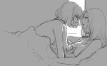  2girls arm_support bob_cut breasts eye_contact goto_(demodatte_nanka) greyscale highres long_hair looking_at_another lying monochrome multiple_girls nude on_back original profile short_hair sketch under_covers yuri 