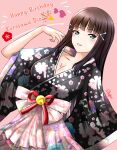  1girl 2018 :d alternate_hairstyle aqua_eyes artist_name bangs bell birthday black_hair black_kimono blunt_bangs blush breasts cherry_blossom_print cleavage collarbone commentary dated dress english_commentary english_text floral_print green_eyes hair_ornament hairclip hairpin happy_birthday happy_new_year heart highres japanese_clothes kimono kurosawa_dia long_hair long_sleeves looking_at_viewer love_live! love_live!_sunshine!! mixed-language_commentary mole mole_under_mouth new_year obi open_mouth pink_background playing_with_own_hair print_dress print_kimono print_skirt rikofinn rose_print sash signature skirt smile solo tsurime upper_body wide_sleeves yukata 