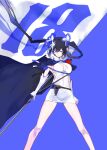  1girl alt_text bare_legs black_hair blue_background blue_eyes breasts cape cleavage cover dress dungeon_ni_deai_wo_motomeru_no_wa_machigatteiru_darou_ka elbow_gloves flag flagpole gloves hestia_(danmachi) highres holding holding_flag holding_weapon large_breasts official_art rei_no_himo sleeveless solo sword twintails weapon white_dress white_gloves yasuda_suzuhito 