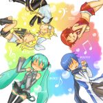  2boys 3girls bass_clef beamed_eighth_notes character_name circle_formation closed_eyes commentary_request drooling eighth_note english_text hatsune_miku kagamine_len kagamine_rin kaito_(vocaloid) lowres lying meiko_(vocaloid) multiple_boys multiple_girls musical_note on_back on_side open_mouth rainbow_gradient sakira sixteenth_note sleeping treble_clef vocaloid 