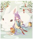  1girl animal animal_ears blue_skirt blue_vest bow branch chinese_zodiac commentary_request emia_wang food fruit hair_bow hand_fan highres holding lantern long_hair long_sleeves low_twintails mandarin_orange original oversized_animal paper_fan parted_lips pleated_skirt puffy_long_sleeves puffy_sleeves purple_hair rabbit rabbit_ears red_bow red_eyes shirt skirt solo teapot tray twintails uchiwa very_long_hair vest year_of_the_rabbit yellow_shirt 