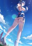  1girl absurdres ahoge ass azur_lane backless_outfit bare_shoulders blue_dress blue_gloves blue_hair blue_sky blush breasts building closed_mouth cloud day dress dutch_angle elbow_gloves foot_out_of_frame from_behind from_below garter_straps giant giantess gloves hand_on_hip high_heels highres large_breasts legs lens_flare looking_afar looking_back numaguro_(tomokun0808) outdoors panties purple_eyes short_dress sideboob sky smile solo st._louis_(azur_lane) standing thighhighs two-tone_gloves underbutt underwear white_garter_straps white_gloves white_thighhighs 