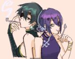  2girls back-to-back bangs black_hair breasts bridal_gauntlets chainsaw_man china_dress chinese_clothes dress eyepatch green_dress green_eyes hair_over_one_eye highres himeno_(chainsaw_man) holding holding_smoking_pipe liowig looking_at_another looking_back multiple_girls purple_dress purple_hair reze_(chainsaw_man) short_hair sideboob sketch smile smoke smoking smoking_pipe 