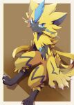  1other absurdres arm_support blue_eyes border claws closed_mouth commentary_request fangs fangs_out furry highres ktyon3 looking_at_viewer pokemon pokemon_(creature) sitting solo white_border yellow_fur zeraora 