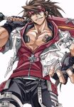  1boy belt black_gloves brown_eyes brown_hair collarbone cross dong_hole english_text fingerless_gloves forehead_protector gloves guilty_gear guilty_gear_strive headband highres holding holding_weapon jacket kunio-kun_series long_hair looking_at_viewer looking_down male_focus muscular muscular_male open_clothes open_jacket pectoral_cleavage pectorals ponytail red_headband red_jacket river_city_girls smile sol_badguy solo weapon white_background white_jacket 