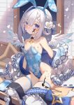  1girl absurdres amane_kanata angel_wings animal_ears bangs bare_shoulders blue_hair blue_wings blush braid breasts chinese_zodiac collar colored_inner_hair covered_navel detached_collar fake_animal_ears feathered_wings floral_print flower frills gradient gradient_eyes gradient_wings grey_hair hair_between_eyes hair_bun hair_flower hair_ornament hairclip highleg highleg_leotard highres hololive juu_p leotard looking_at_viewer mini_wings multicolored_eyes multicolored_hair multicolored_wings off_shoulder paintbrush parted_lips pink_hair playboy_bunny purple_eyes rabbit_ears short_hair sidelocks sitting small_breasts solo strapless strapless_leotard streaked_hair thighhighs virtual_youtuber white_collar white_thighhighs white_wings wings x_hair_ornament year_of_the_rabbit yokozuwari 