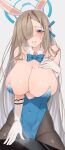  1girl absurdres animal_ears asuna_(blue_archive) asuna_(bunny)_(blue_archive) bangs black_pantyhose blue_archive blue_bow blue_bowtie blue_eyes blue_leotard blush bow bowtie breasts breath chunta cleavage commentary covered_navel cowboy_shot crotch_rub detached_collar elbow_gloves fake_animal_ears female_masturbation gloves grey_background hair_between_eyes hair_over_one_eye halo hand_on_own_chest heavy_breathing highleg highleg_leotard highres large_breasts leotard light_brown_hair long_hair looking_at_viewer masturbation mole mole_on_breast official_alternate_costume pantyhose parted_bangs parted_lips playboy_bunny rabbit_ears simple_background smile solo standing steaming_body strapless strapless_leotard sweat very_long_hair white_gloves wing_collar 