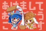  2girls animal_ears blonde_hair blue_dress blue_hair brown_headwear cabbie_hat dagasitotaiyou dress floppy_ears food hat highres holding kine long_hair mallet mochi multiple_girls orange_shirt rabbit_ears red_eyes ringo_(touhou) seiran_(touhou) shirt short_hair shorts socks touhou white_socks yellow_shorts 