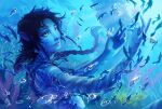  1girl air_bubble alien avatar:_the_way_of_water bangs bare_shoulders blue_hair blue_sclera blue_skin bubble colored_sclera colored_skin commentary english_commentary english_text fish highres james_cameron&#039;s_avatar kiri_(avatar) long_hair na&#039;vi pointy_ears shiyuu_(shiyu) smile solo submerged swimming tribal underwater water yellow_eyes 
