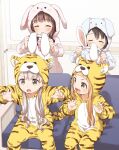  4girls absurdres animal_costume animal_ear_fluff animal_ears animal_print bangs black_hair blunt_bangs brown_hair chinese_zodiac commentary cosplay hair_ornament highres hisakawa_nagi ichihara_nina idolmaster idolmaster_cinderella_girls kigurumi long_hair multiple_girls new_year ogata_chieri pajamas rabbit_ears sasaki_chie tiger_costume tiger_print year_of_the_rabbit year_of_the_tiger yukie_(kusaka_shi) 