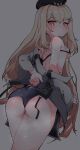  1girl absurdres ass back bare_shoulders beret bikini black_bikini black_headwear blonde_hair blush breasts bullet_(artist) commentary_request commission cowboy_shot from_behind girls&#039;_frontline grey_background grey_jacket hat highres jacket korean_commentary long_hair looking_at_viewer looking_back off_shoulder pixiv_commission red_eyes simple_background small_breasts solo sweat swimsuit type_80_(girls&#039;_frontline) underboob very_long_hair 