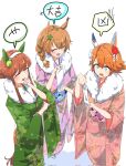  3girls alternate_costume alternate_hairstyle animal_ears closed_eyes daruma_doll ear_covers fur-trimmed_kimono fur_trim green_kimono highres hime_cut horse_ears horse_girl horse_tail japanese_clothes kimono laughing matikanefukukitaru_(umamusume) multiple_girls nerukichikatafukuma new_year obi open_mouth orange_hair pink_kimono purple_kimono sash silence_suzuka_(umamusume) simple_background single_ear_cover speech_bubble taiki_shuttle_(umamusume) tail translation_request umamusume white_background 