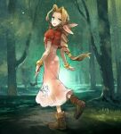  1girl aerith_gainsborough bangle bangs boots bracelet braid braided_ponytail breasts brown_footwear cropped_jacket dress final_fantasy final_fantasy_vii flower forest full_body green_eyes hair_ribbon highres holding holding_flower jacket jewelry lily_(flower) long_dress looking_at_viewer looking_back mare_(pixiv) nature open_mouth outdoors parted_bangs pink_dress pink_ribbon puffy_short_sleeves puffy_sleeves red_jacket ribbon short_sleeves sidelocks smile solo tree white_flower 