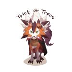  basket cape claws commentary_request full_body green_eyes halloween highres ktyon3 looking_at_viewer lycanroc lycanroc_(dusk) mouth_hold no_humans pokemon pokemon_(creature) solo standing white_background 