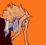  1boy alternate_skin_color black_jacket blonde_hair boku_no_hero_academia closed_mouth colored_skin commentary english_commentary eraseyface from_side grey_skin hair_over_one_eye highres jacket male_focus orange_background short_hair short_hair_with_long_locks sidelocks simple_background solo upper_body yagi_toshinori 