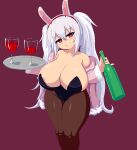  1girl :o alcohol alternate_breast_size alternate_costume animal_ears areola_slip azur_lane bare_shoulders bottle breasts bright_pupils brown_background brown_pantyhose cleavage cup drinking_glass fake_animal_ears hairband head_tilt holding holding_tray huge_breasts jacket jacket_partially_removed laffey_(azur_lane) long_hair nav_(itsnav) open_clothes open_jacket pantyhose pinky_out playboy_bunny rabbit_ears red_eyes shortstack simple_background solo thick_thighs thighs tray twintails very_long_hair white_hair wide_hips wine wine_bottle wine_glass 