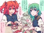  2girls christmas christmas_ornaments christmas_tree epaulettes green_eyes green_hair hat juliet_sleeves kitsune_maru long_sleeves looking_at_viewer multiple_girls onozuka_komachi open_mouth puffy_sleeves red_eyes red_hair santa_hat shiki_eiki short_hair short_sleeves speech_bubble star_(symbol) touhou translation_request two_side_up upper_body 