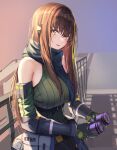  1girl 3_small_spiders absurdres bangs bare_shoulders breasts brown_hair can commentary_request detached_sleeves drink girls&#039;_frontline gloves green_hair green_scarf highres holding holding_can holding_drink large_breasts long_hair looking_at_viewer m4a1_(girls&#039;_frontline) mod3_(girls&#039;_frontline) multicolored_hair ribbed_sweater scarf sleeveless sleeveless_sweater smile soda_can solo streaked_hair sweater upper_body yellow_eyes 
