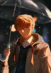  1boy bangs blurry blurry_background brown_coat brown_eyes brown_hair closed_mouth coat collared_shirt highres kennnai616 long_sleeves looking_at_viewer luke_pearce_(tears_of_themis) male_focus outdoors shirt short_hair solo tears_of_themis upper_body white_shirt 