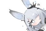  1girl animal_ear_fluff animal_ears arknights bangs black_gloves blue_eyes chibi closed_mouth expressionless frostnova_(arknights) gloves grey_hair hair_ornament hair_over_one_eye hairclip mikozin peeking_out rabbit_ears simple_background snowflakes solo white_background 