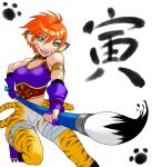  1girl absurdres animal_ears breasts breath_of_fire breath_of_fire_ii bustier cat_ears cat_tail chinese_zodiac facial_mark gloves green_eyes gurata happy_new_year highres long_hair open_mouth orange_hair pointy_ears rinpoo_chuan short_hair simple_background smile solo tail white_background year_of_the_tiger 