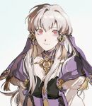  1girl brooch choker closed_mouth crying crying_with_eyes_open dress fire_emblem fire_emblem:_three_houses gold_trim hair_ornament hair_tie highres jewelry long_hair looking_at_viewer lysithea_von_ordelia mimulishizi pink_eyes puffy_sleeves purple_dress solo tassel tassel_hair_ornament tears white_background white_hair white_sleeves 