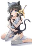  1girl 1other :o absurdres animal_ears bandaged_arm bandaged_leg bandages bare_shoulders barefoot black_dress black_hair black_tail blue_eyes blush cat_ears cat_girl cat_tail child collarbone dress fantasy female_child fran_(tensei_shitara_ken_deshita) fuli_(user_dxkx3245) highres holding holding_sword holding_weapon living_weapon long_hair looking_at_viewer on_ground panties parted_lips shishou_(tensei_shitara_ken_deshita) short_dress simple_background sitting sky sleeveless sleeveless_dress strap_slip sword tail tensei_shitara_ken_deshita thighs torn_clothes underwear unsheathed wariza weapon white_background white_panties 