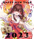  +_+ 1girl 2023 :d arrow_(projectile) azuma_aya bangs bell bow brown_hair coin detached_sleeves ema english_commentary english_text hair_bow hair_tubes hakama hakama_skirt hakurei_reimu hamaya happy_new_year highres holed_coin japanese_clothes jingle_bell kimono kinchaku looking_at_viewer medium_hair miko new_year omamori omikuji open_mouth pouch red_bow red_eyes red_hakama red_skirt ribbon-trimmed_skirt ribbon-trimmed_sleeves ribbon_trim sidelocks skirt smile solo touhou white_kimono wide_sleeves 