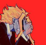  1boy alternate_skin_color black_jacket blonde_hair blood blood_from_mouth boku_no_hero_academia clenched_teeth colored_skin commentary crying english_commentary eraseyface from_side grey_skin hands_on_own_face highres jacket long_sleeves male_focus own_hands_together red_background shirt short_hair short_hair_with_long_locks sidelocks simple_background solo tears teeth upper_body yagi_toshinori 