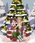  4girls absurdres ahoge barefoot belt blonde_hair blue_eyes blue_hair bound box breasts christmas christmas_lights christmas_ornaments christmas_star christmas_tree closed_mouth cow_horns cow_tail day dress english_commentary fang fangs gift gift_box hair_between_eyes hair_over_breasts hair_ribbon hanazono_yurine hand_up headpiece highres horns impossible_clothes jashin-chan_dropkick large_breasts long_hair looking_at_object looking_at_viewer looking_to_the_side medium_breasts medusa_(jashin-chan_dropkick) midriff minos_(jashin-chan_dropkick) minos_drawfag multiple_girls navel open_mouth outdoors pine_tree pink_eyes purple_eyes purple_hair red_dress red_eyes red_hair red_ribbon red_skirt red_tube_top ribbon short_hair sitting skirt snow standing strapless tail tied_up_(nonsexual) tinsel topless tree tube_top twintails yokozuwari 