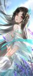  1girl bare_shoulders blue_sky breasts closed_mouth doupo_cangqiong dress earrings facial_mark falling_petals floating_hair forehead_mark from_side glint gu_xun_er_(doupo_cangqiong) head_tilt highres jewelry long_hair medium_breasts orange_eyes outstretched_arm petals reaching_towards_viewer second-party_source shiny shiny_hair sky smile solo upper_body white_dress yi_zhi_a_chi 