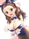  1girl alternate_breast_size animal_ears black_necktie blue_bow blue_bowtie blue_leotard bow bowtie breasts brown_hair cleavage commentary_request commission cowboy_shot curly_hair detached_collar highres idolmaster idolmaster_cinderella_girls large_breasts leotard long_hair looking_at_viewer necktie pantyhose pataneet playboy_bunny rabbit_ears rabbit_tail red_eyes seki_hiromi skeb_commission solo tail wrist_cuffs 