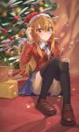  1girl :&lt; absurdres aisaka_taiga bangs black_ribbon black_thighhighs blazer blue_skirt blurry blurry_background blush breasts brown_footwear brown_hair chinese_commentary christmas christmas_ornaments christmas_tree commentary dress_shirt feng_zhe_(user_jnxf3524) film_grain full_body fur-trimmed_headwear hair_between_eyes hand_on_own_knee hand_up hat highres jacket knees_up loafers long_hair long_sleeves neck_ribbon panties pantyshot parted_lips pigeon-toed pink_panties pom_pom_(clothes) red_eyes red_headwear red_jacket ribbon santa_hat scratching_head shirt shoes sitting skirt small_breasts solo thighhighs toradora! tsundere underwear v-shaped_eyebrows white_shirt 