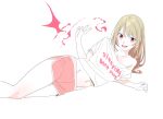  1girl bangs breasts brown_hair dolphin_shorts fang feet_out_of_frame groin hand_up henken highres long_hair looking_at_viewer lying navel off_shoulder on_side open_mouth original pink_shorts red_eyes shirt short_sleeves shorts simple_background small_breasts smile solo v white_background white_shirt 