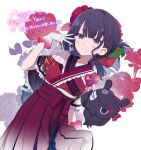  1girl 2023 animal bangs black_hair blue_eyes braid closed_mouth commentary_request fate/grand_order fate_(series) floral_background flower frilled_sleeves frills gloves hair_flower hair_ornament hakama hakama_skirt hand_up happy_new_year highres japanese_clothes katsushika_hokusai_(fate) kimono long_hair looking_at_viewer octopus purple_hakama red_flower red_kimono rose short_sleeves simple_background skirt smile tokitarou_(fate) totatokeke translation_request v-shaped_eyebrows white_background white_gloves wide_sleeves 