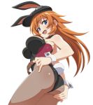  1girl animal_ears ass bare_shoulders black_pantyhose blue_eyes blush breasts charlotte_e._yeager large_breasts leotard long_hair looking_at_viewer nanashino open_mouth orange_hair pantyhose rabbit_ears rabbit_tail shiny shiny_hair shiny_skin simple_background smile solo strike_witches tail white_background world_witches_series 