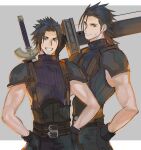  1boy age_comparison armor bangs belt black_gloves black_hair black_pants blue_eyes blue_shirt buster_sword cowboy_shot crisis_core_final_fantasy_vii earrings final_fantasy final_fantasy_vii gloves grey_background grin hair_slicked_back hands_on_hips jewelry jjn_ff7 letterboxed looking_at_viewer male_focus medium_hair multiple_belts over_shoulder pants parted_bangs scar scar_on_cheek scar_on_face shirt short_hair shoulder_armor single_earring sleeveless sleeveless_turtleneck smile suspenders toned toned_male turtleneck weapon weapon_on_back weapon_over_shoulder zack_fair 