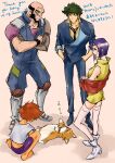  2boys 2girls absurdres barefoot beard cowboy_bebop dark-skinned_female dark_skin dog edward_wong_hau_pepelu_tivrusky_iv ein_(cowboy_bebop) english_text facial_hair faye_valentine feet female_child formal green_hair highres jet_black looking_down multiple_boys multiple_girls orange_hair prosthesis prosthetic_arm purple_hair scar scar_across_eye sleeping spike_spiegel squatting standing tobalin translation_request welsh_corgi white_footwear 