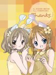  2girls aisha_(neopets) animal_ears bangs bare_arms bare_shoulders blue_eyes brown_eyes brown_hair closed_mouth commentary dress english_commentary english_text flower from_side hair_flower hair_ornament hand_up holding holding_petal long_hair looking_at_viewer looking_to_the_side low_twintails medium_hair multiple_girls neopets open_mouth original personification petals pineapplebes shirt short_hair short_twintails sleeveless sleeveless_dress sleeveless_shirt smile standing twintails upper_body yellow_dress yellow_flower yellow_shirt 
